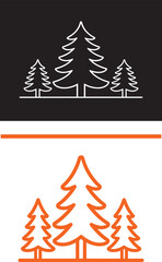 Obraz premium Minimalist pine tree line icons in black and orange vector style for nature and forestry branding