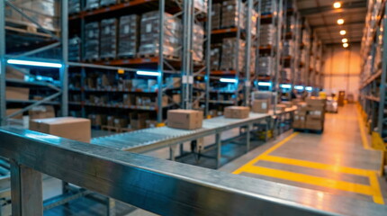Fototapeta premium Warehouse interior with conveyor belt carrying cardboard boxes, large industrial storage facility for logistics and distribution.