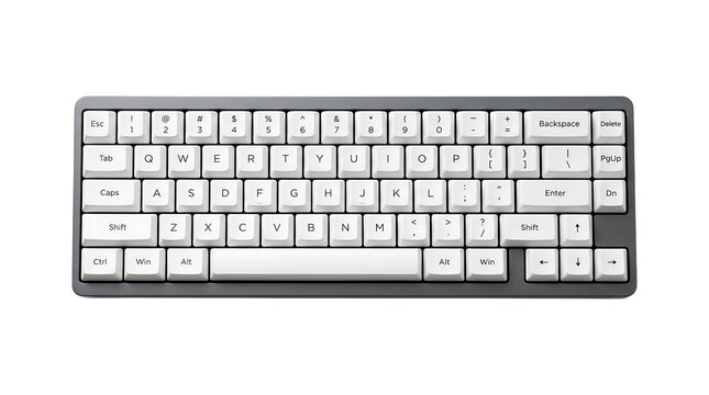 Top view of a modern compact mechanical keyboard with white keycaps and a dark grey frame, isolated on transparent background