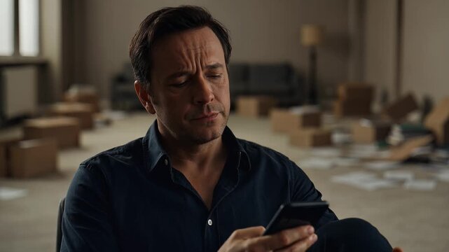 Man anxiously checks smartphone for job alerts in a cluttered room, showing signs of stress and concern.