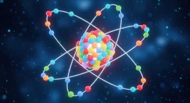 A colorful atom model with a blue background and glowing electrons