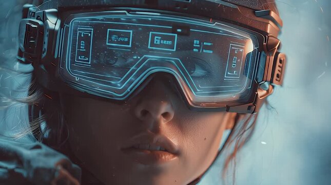 Young woman in futuristic goggles, intense gaze reflected in lenses