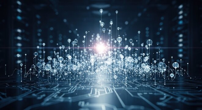 A digital network of interconnected nodes and lines in a futuristic cityscape.