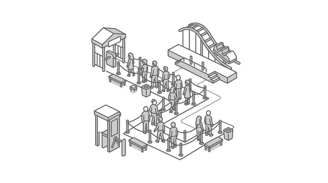 Isometric people queuing for amusement park ride entrance.