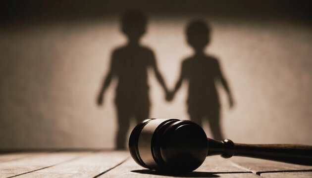 Wooden judge gavel with blurry shadow of children holding hands on wall,Juvenile justice and Child protection concept.