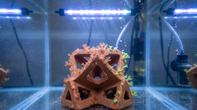 3D Printed Terracotta Coral Scaffold with Baby Polyps in Seawater Tank