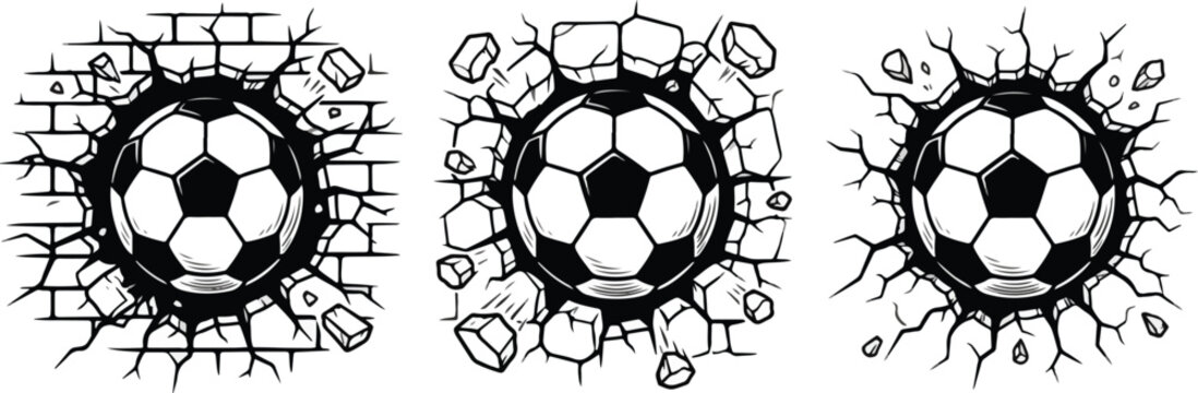 Set of Three Black and White Soccer Balls Breaking Through Cracked Wall, Dynamic Football Crashing and Smash Vector Icons, Sport Power and Energy Design Elements Isolated on White Background
