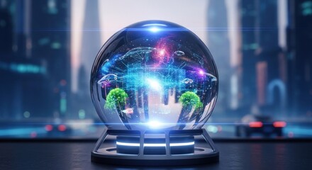 Fototapeta premium A futuristic, glass crystal ball with a cityscape inside, emitting a blue glow, with a futuristic city skyline in the background.