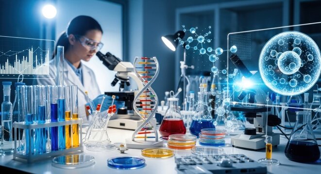 A scientist in a lab coat is working with a microscope in a laboratory setting.