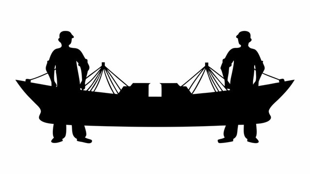 Silhouette of two workers holding a cargo ship