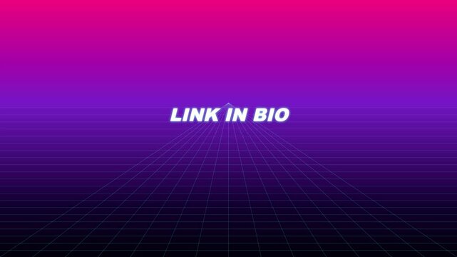 Link In Bio Social Media Call to Action with 80s Retro Synthwave Neon Purple Grid Background