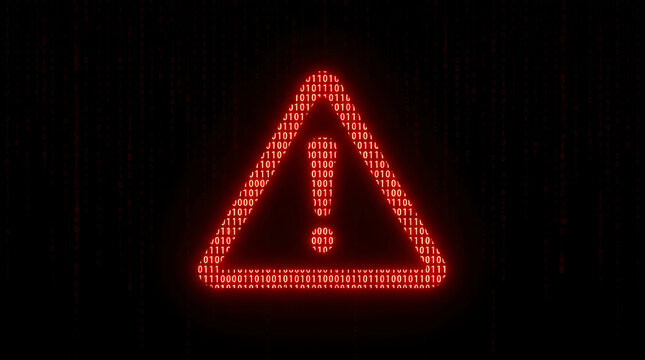 Warning sign made of binary code with red glowing effect on black background with digital pattern