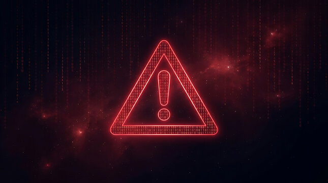 Warning sign made of binary code on dark background with red glow and digital aesthetic