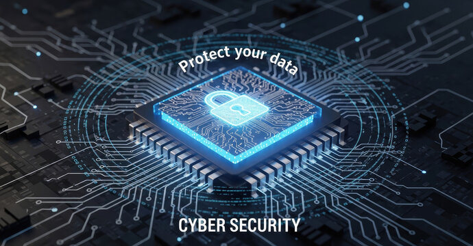 A digital illustration showcases cyber security protection surrounding a microchip. The image features a glowing blue microchip with a padlock icon, enveloped in a circuit board pattern.