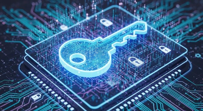 A glowing, holographic key is superimposed on a complex circuit board. The key is outlined in bright blue and white, and it sits on a square, translucent chip.