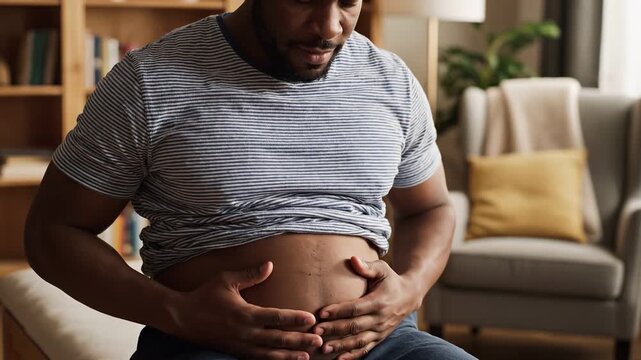 African American Man Touching Bloated Belly Feeling Health Discomfort at Home. 4K Video