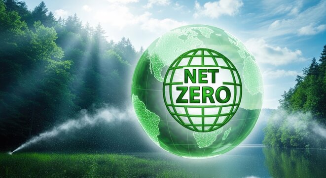 A vibrant image showcases the concept of &lsquo;Net Zero&rsquo; with a stylized globe prominently displaying the text &lsquo;NET ZERO&rsquo; within a green, circular frame.