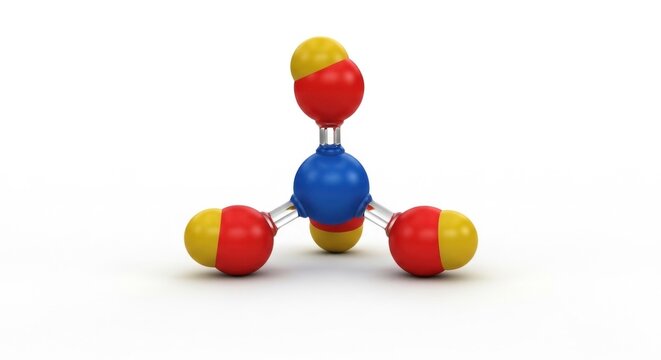 A 3D model of a water molecule, with a blue sphere representing the oxygen atom, a red sphere representing the hydrogen atom, and a yellow sphere representing the hydroxyl group.