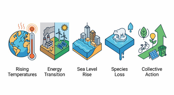 Climate Change Impacts and Solutions: A visual representation of the multifaceted challenges of climate change, including rising temperatures, energy transition, sea level rise, species loss.