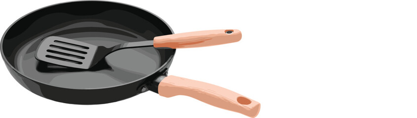 Black Nonstick Frying Pan with Spatula and Pink Handle Kitchen Cookware Set Vector Illustration © MD