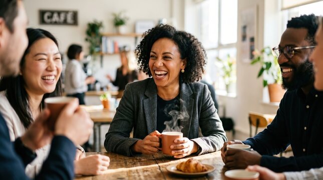 Diverse group of professionals laughing together during coffee break in modern cafe for workplace culture and networking themes