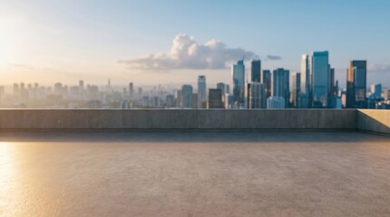Obraz premium Empty concrete rooftop terrace overlooking blurred city skyline at sunset. Luxury urban penthouse balcony view for real estate background and property marketing.