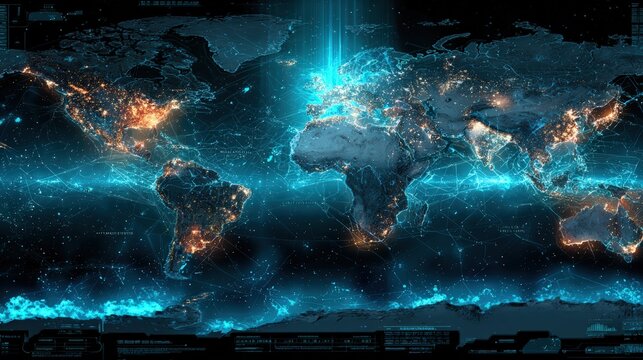 Dark futuristic world map showing fragmented digital ecosystems AI sovereignty concept