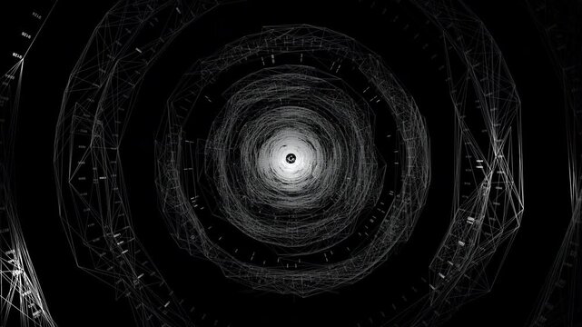 High-contrast monochromatic digital vortex representing neural networks and algorithmic computing. Ideal for machine learning models, tech documentaries, and data architecture overlays.