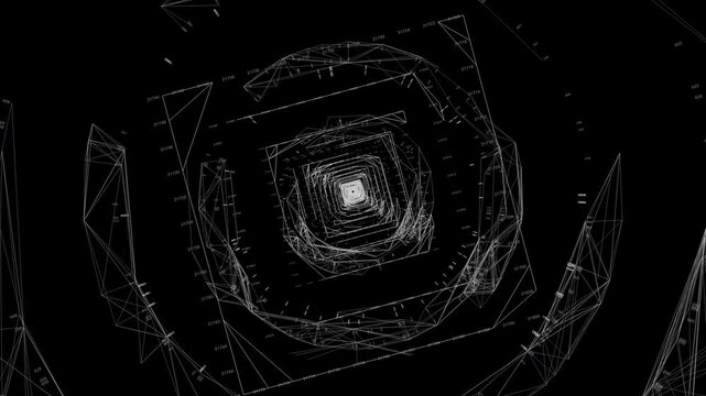 Monochromatic square geometric tunnel expanding through a digital network. Perfect for big data visualization, blockchain node verification, and high-performance computing themes.