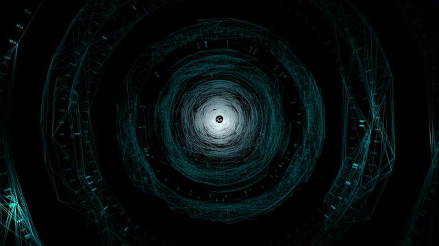 Futuristic cyber blue data tunnel animating complex digital arrays. Perfect for artificial intelligence processing, big data infrastructure, and global cyber security interfaces.