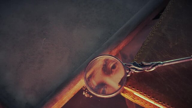 Cinematic macro movement across an old diary reveals a sepia photograph enlarged through a vintage magnifying glass, suggesting investigation, memory, and hidden historical narratives.