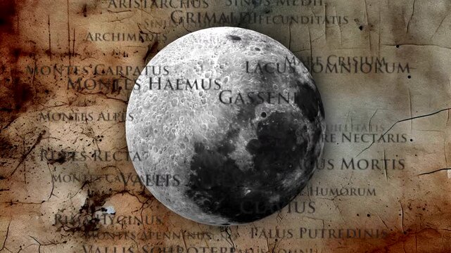 Cinematic shot of a realistic moon rotating against an ancient, cracked parchment map background. Designed for premium television documentaries, science series, and history programs.