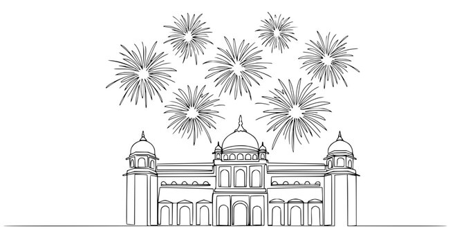 Hand-drawn sketch of a grand building with fireworks exploding above