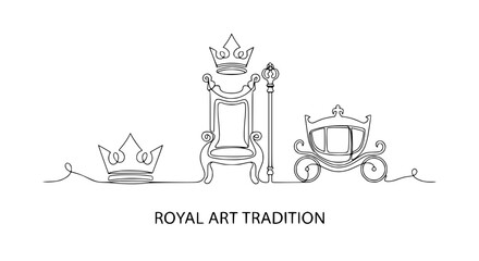 Royal symbols: crown, throne, scepter, carriage in continuous line art style © Akun
