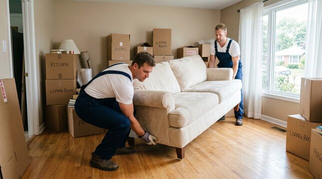 Two professional movers carefully carrying a large white sofa into a new house, surrounded by stacked cardboard boxes during a home relocation.