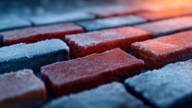 Frost-covered red and gray bricks in close-up, with a warm light glow illuminating part of the textured surface.