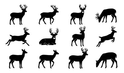 Fototapeta premium Black Deer Silhouettes Vector Set with Elegant Wildlife Animal Poses Isolated on White Background