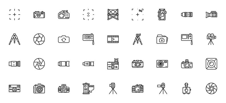 Photography & video icon set. Minimal camera icons pack. Includes symbols for focus, photo camera, video camera, tripod, shutter, digital camera, video player, film reel, spotlight and more. Editable 
