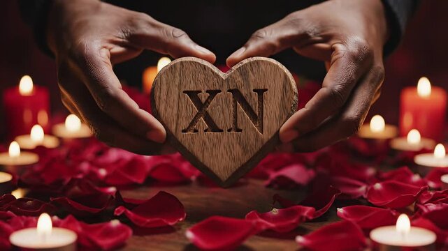Hands Holding Engraved Wooden Heart with Rose Petals and Candles. 4K Video