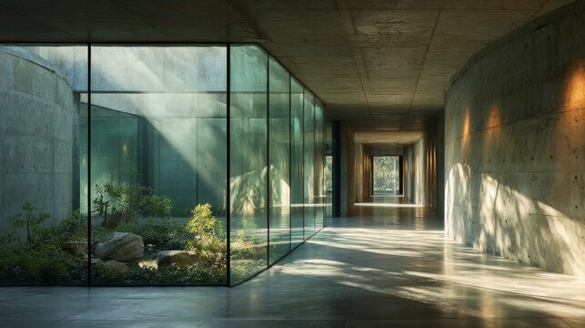 Modern corridor interior with glass left wall overlooking concrete screen, sleek architectural lines, natural light reflections, minimalist design, high-resolution detailed perspective