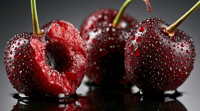 Dark Cherry Suspended on Black Acrylic Luxury Food Art
