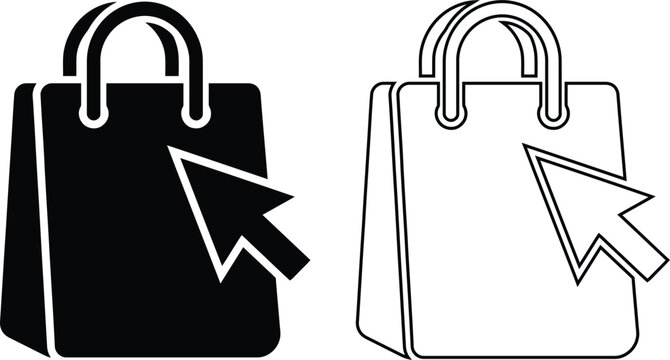 Online ecommerce shopping bag vector icon set featuring a computer mouse cursor arrow in solid black silhouette and line outline for retail internet store web UI design.