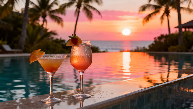 Cocktails on infinity pool edge at tropical resort during colorful sunset with palm trees and ocean view, refreshing summer vacation drinks.