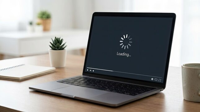 A laptop displays a loading screen with a rotating circle and the text "Loading..