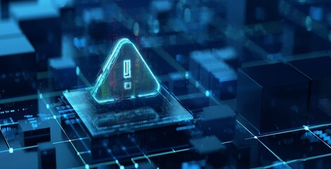 Glowing warning symbol floats above digital circuit board. Circuitry pulses with blue light against...