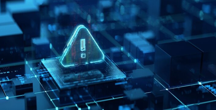 Glowing warning symbol floats above digital circuit board. Circuitry pulses with blue light against dark background. Futuristic tech scene suggests system alerts or errors. Ideal for cybersecurity, AI