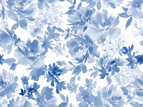 Watercolor indigo blue wild roses and wild flowers seamless pattern for fabric, wrapping paper and surface design.