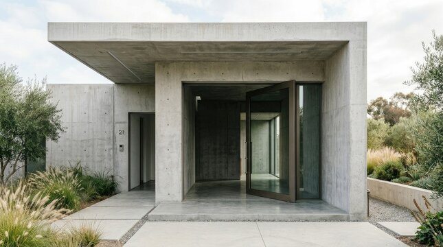 A modern concrete house features a minimalist entrance with a large pivoting glass door. The structure is characterized by its smooth, gray concrete walls and a cantilevered roof.