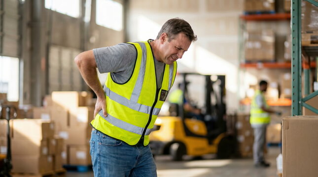 Warehouse worker suffering from back pain inside logistics center, illustrating workplace injury risks.