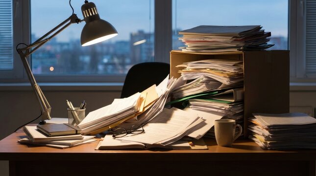 A desk is piled high with stacks of papers, creating a chaotic workspace. A desk lamp illuminates the scene, casting a focused beam of light on the mess.